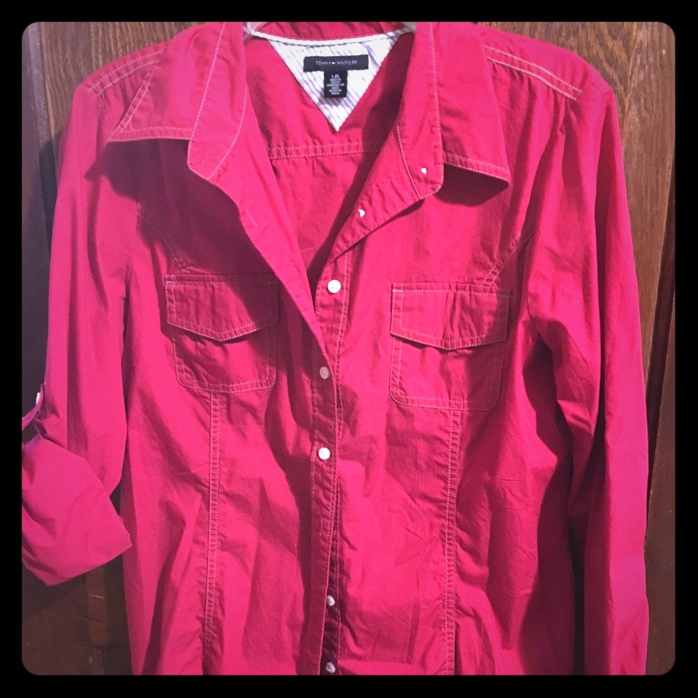 Red Tommy Hilfiger button down shirt, large
